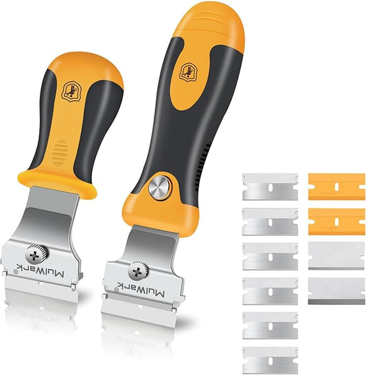 MulWark Razor Blade Scraper | 2 Handles Razor Scraper Set With Extra 12pcs Blades Heavy Duty Paint & Glass Scraper Tool With Extendable Handle for Windows, Oven Cleaning & Surface Prep