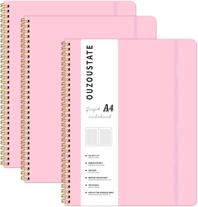 Spiral Graph Notebook 8.5" x 11", A4 Pink Grid Paper Notebook Hardcover College Ruled Notebook for Work, 120 Pages 100GSM Large Thick Spiral Writing Journal for Women & Men