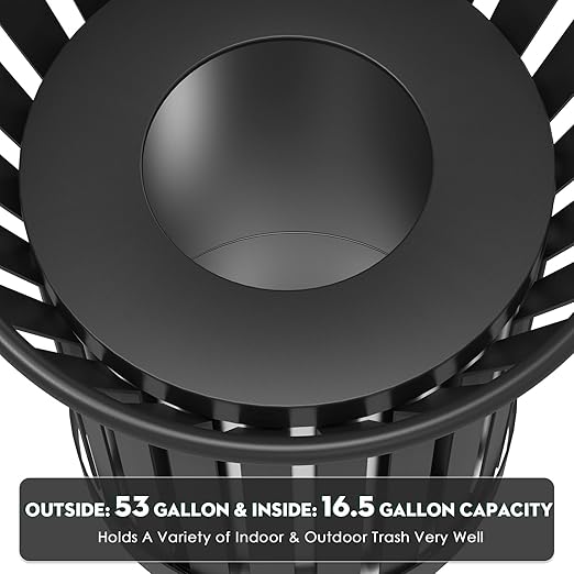 16Gallon/62L Commercial Outdoor & Indoor Metal Trash Can, Outdoor Slatted Trash Receptacle with Metal Linner, All Weather Resistant Large Outside Zone Round Garbage Bin for Street, Park, School-Black
