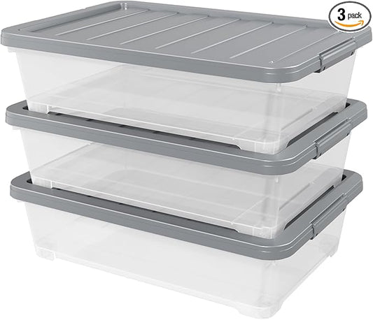 Readsky 3 Packs Large Clear Wheeled Latching Box, 40 L Plastic Underbed Storage Box with Gray Lid