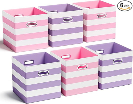 6 Pcs Fabric Storage Cubes with Metal Handle Back to School Classroom Supplies 11 Inch Macaron Colored Striped Style Collapsible Bins Organizer for School Nursery(Purple, Pink)