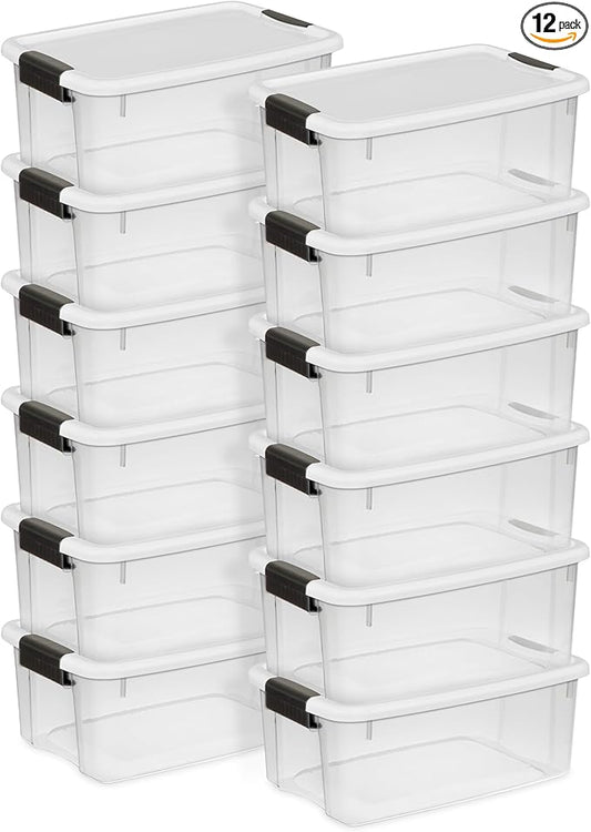 Sterilite 12-Pack Ultra Latching Box, Storage Bins with Lids, Clear Plastic, 18 Quart - Heavy-Duty Organizing Containers for Closet, Bathroom, and Office