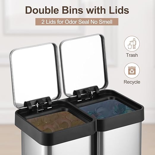 13 Gallon Dual Compartment Trash Can, 2 x 25L Fingerprint Resistant Stainless Steel Kitchen Garbage Can with 2 Soft-Close Lid & Foot Pedal for Kitchen Office Bathroom, Without Inner Bucke