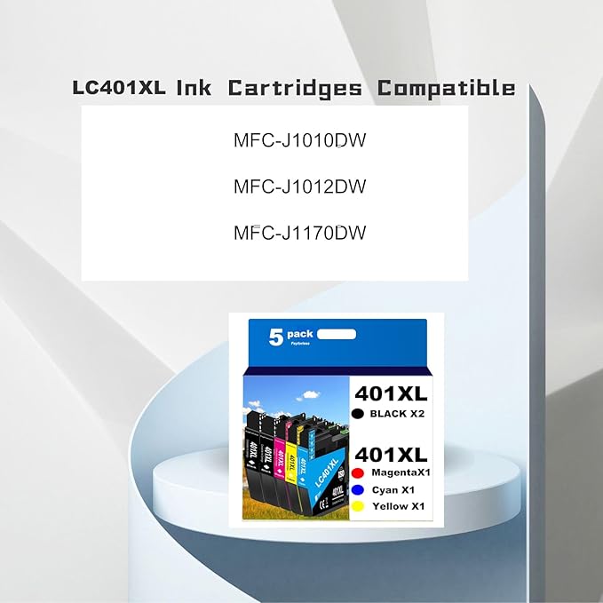 PayForLess LC401XL Ink Cartridges for Brother Printer Compatible for LC401 401XL Ink Cartridges for MFC-J1010DW MFC-J1012DW MFC-J1170DW Printer 5 Pack (2 Black, 1 Cyan, 1 Magenta, 1 Yellow)