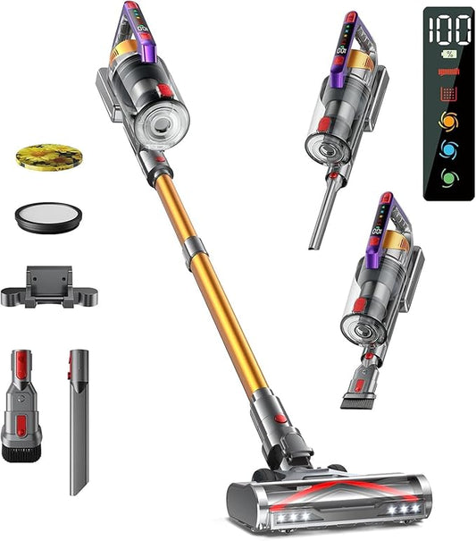 Cordless Vacuum Cleaner, 580W 48KPA 70Mins Vacuum Cleaners for Home, Self-Standing Stick Vacuum with Aromatherapy & LED Display Screen, Stick Vacuum Cordless Rechargeable for Pet Hair/Carpets (Gold)