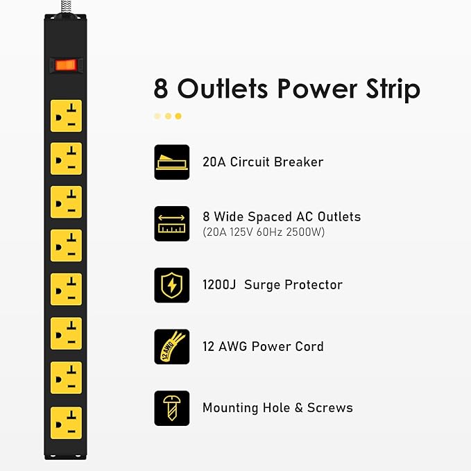 20Amp Power Strip Surge Protector, Durable Metal 8-Outlets with Heavy Duty 20 amp 10Ft 12 Gauge Extension Cord for Garage Workshop & Industrial Use, 1200J