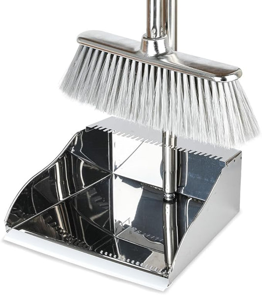 Broom and Dustpan Set,Soft Bristles Indoor Kitchen Broom with Stainless Steel Dustpan ，Metal Dust Pan，Silvery White, Suitable for Ceramic Tiles, Solid Wood, Composite Flooring