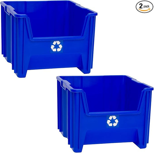 Commercial Industrial Heavy Duty Stackable Open-Front Recycling Bin Box Containers, 12 Gallon, 2 Pack, Blue