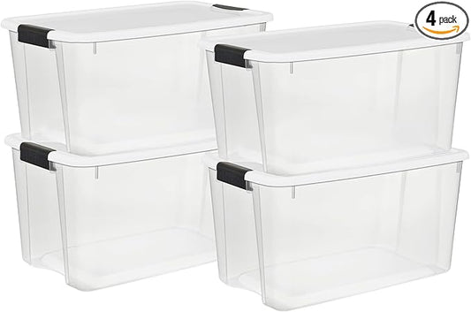 Sterilite 4 Pack Ultra Latching Box, Storage Bins with Lids, Clear Plastic, 70 Quart - Heavy-Duty Organizing Containers for Closet, Bathroom, and Office