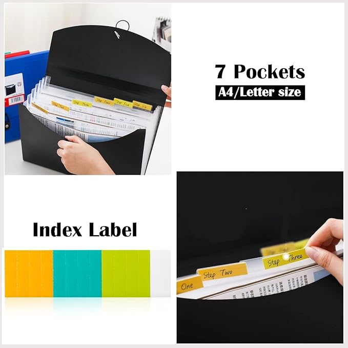 4 Pack 7 Pockets Accordion File Organizer, TRANBO Letter Size/A4 Expanding File Folder with Index Tabs, Expandable Plastic Document Organizer for Business Travel School Office Home