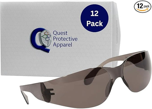 Quest Protective Apparel Safety Glasses for Men and Women - Anti Fog Safety Goggles for Shooting, Lab, or Construction – Polycarbonate Eye Protection [Smoke & Pack of 12]
