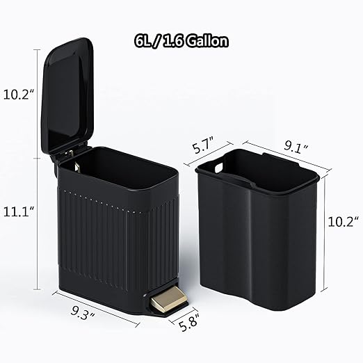 CEROELDA Small Bathroom Trash Can with Lid Soft Close-5L/1.3 Gal Slim Garbage Can-Metal Step Wastebasket-Rectangle Narrow Waste Bin for Office, Bedroom, Toilet, Live Room (Embossed-Black)