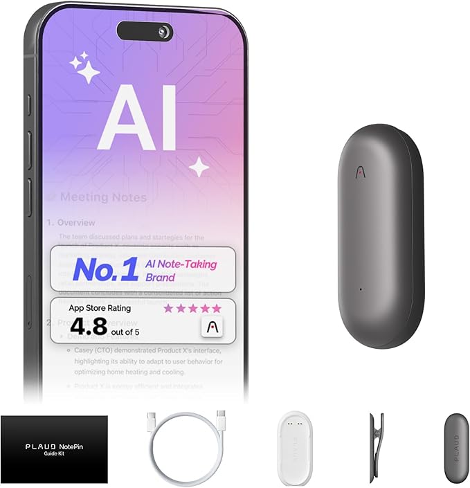 NotePin Voice Recorder, AI Voice Recorder, App Control, AI Notetaker, AI Transcribe & Summarize, Support 112 Languages, 64GB Memory, Audio Recorder for Lectures, Meetings, Cosmic Gray