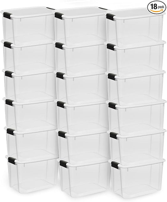 Sterilite 18-Pack Ultra Latching Box, Storage Bins with Lids, Clear Plastic, 30 Quart - Heavy-Duty Organizing Containers for Closet, Bathroom, and Office