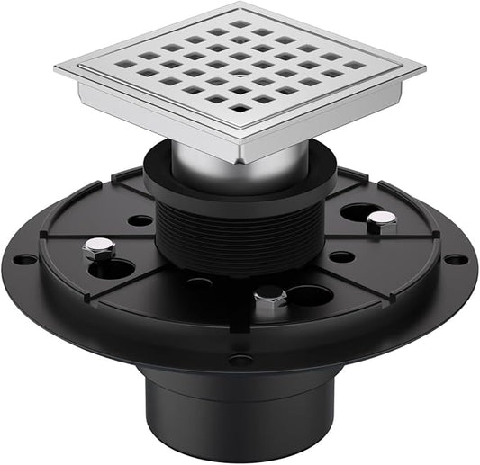 4-3/8 Inch Square Shower Drain Chrome, Bathroom Floor Drain, Stainless Steel Drain Kit with ABS Flange, Removable Grid Cover, Hair Strainer