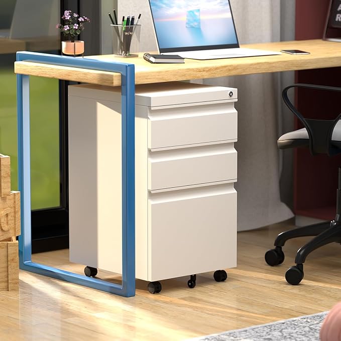 3 Drawer Mobile File Cabinet with Lock, Under Desk Metal Filing Cabinet for Hanging Files Letter/Legal/A4 Size for Home Office, Fully Assembled Except Wheels, White