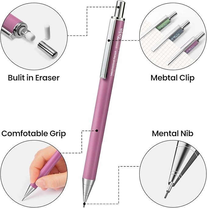 Aesthetic 0.7mm Mechanical Pencil Set with Case – 3 Vintage Mechanical Pencils, 4 Tubes HB #2 Lead Refills, 3 Erasers & 12 Eraser Refills, Cute Pencil Kit for Back to School Stationery Supplies