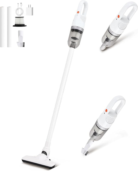 6-in-1 Lightweight Stick Vacuum Cleaner with 100W Powerful Motor, Mini Portable Household Handheld Vacuum Cleaner for Domestic Hard Floors, Carpets and Pet Hair (White Cordless with Plug)