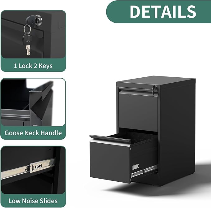 2 Drawer File Cabinet with Lock,Metal Vertical Filing Cabinets for Home Office,Heavy Duty File Storage Cabinet for Letter/Legal/A4/F4 Size File,Assembly Require (Black, Vertical 2 Drawer)