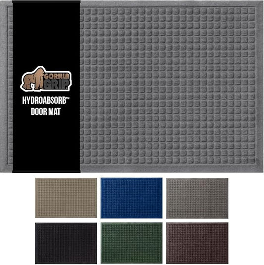 GORILLA GRIP Front Door Mat, 35x23, Indoor Outdoor Ultra Absorbent HydroAbsorb Doormat, Absorbs Up to 5.7 Cups of Water, Stain and Fade Resistant, Rubber Backing Doormats, Captures Dirt, Gray