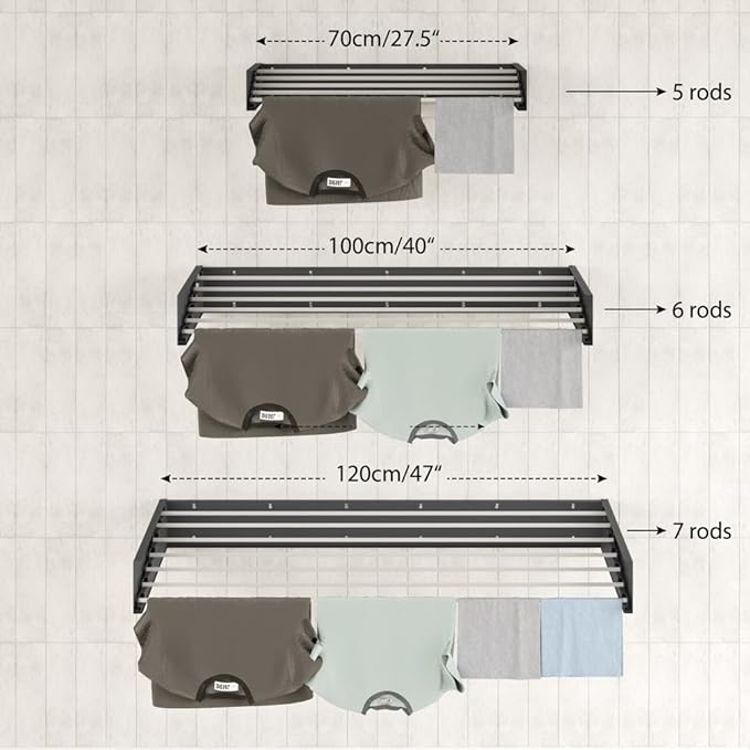 Step Up Laundry Drying Rack (40-INCH Industrial Gray), Wall Mounted, Retractable Clothes Drying Rack, 60lbs Capacity, 20 Linear Ft, with Wall Template and Long Screwdriver Bit