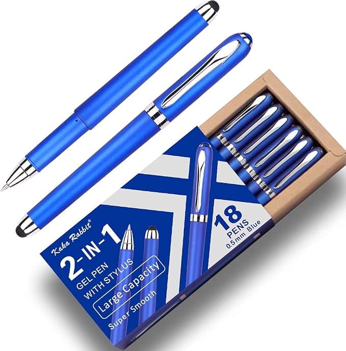 Gel Ink Rollerball Stylus Pen - 18 Pack,0.5mm Fine Point,2 in 1 Capacitive Stylus Pen,Large Capacity Blue Ink,Writing Smoothly for Office,Business,Gift,Metal Silver Clip