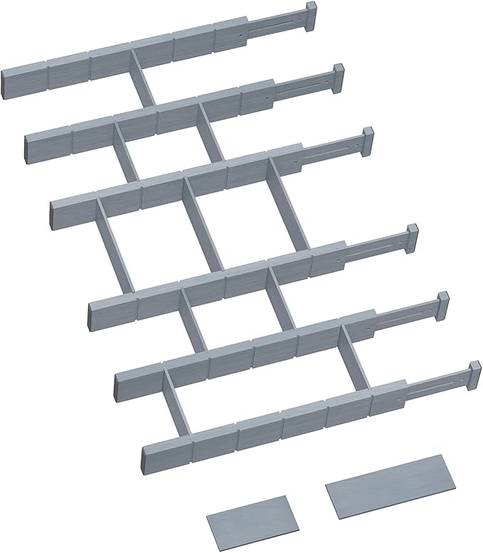 6 Pack Bamboo Drawer Dividers with 12 Inserts, Expandable Adjustable Clothes Drawer Organizers and Storage from 17" to 22" for Kitchen, Bedroom, Dresser, Cosmetics (Gray)