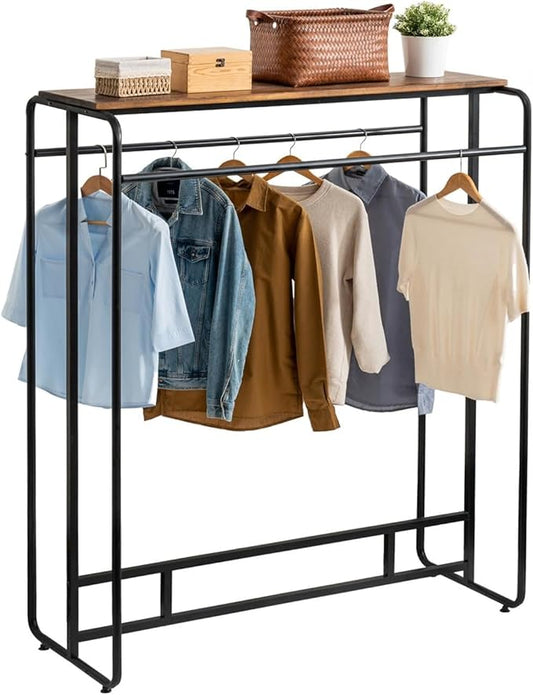 MyGift Dual Clothing Rack, Commercial Urban Black Metal Freestanding Large Garment Rack with Burnt Solid Wood Top Storage Shelf, Heavy Duty Double Rod Clothes Rack