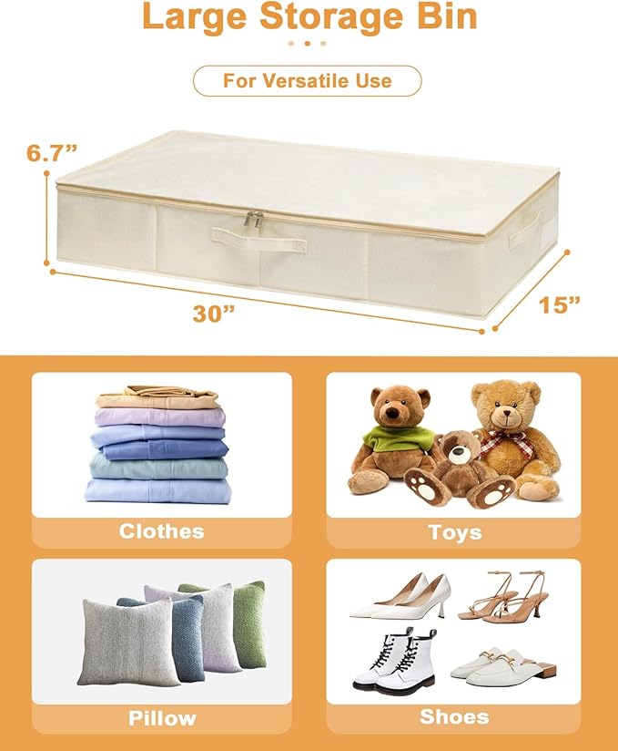 Under Bed Storage, 2 Pack Clothing Storage Bags W/Upgraded Handles, Large Capacity Underbed Shoe Container Organizer, Breathable Dorm Essentials Bins for Blanket, Pillows, Comforters & Quilts, Beige
