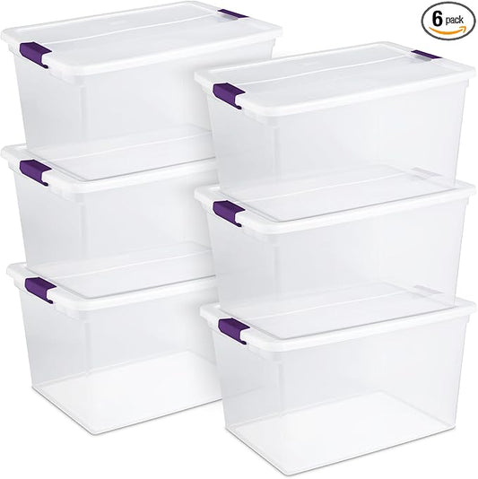Sterilite 6 Pack 66 Quart ClearView Latch Box, Stackable Organizer Bins with Latching Lids - Clear Plastic Organization Containers for Closet, Bedroom, Shelving Units and Everyday Home Storage