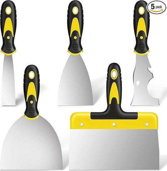 Spackle Knife Set, 5 PCS Stainless Steel Putty Knife Set Include 4 Paint Scrapers and 1 Multi Scraper Tool, Paint Scraper Tool for Drywall Decals (1.5" 3" 4" 6" 10")