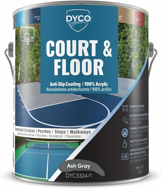 DYCO Court & Floor Anti-Slip Coating - Slip-Resistant Pavement, Cement & Concrete Paint for Pickleball, Tennis & Basketball Courts, Exceeds ADA Standards for Safety Areas (Ash Gray, 1 Gallon)