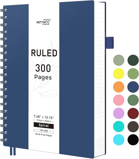 RETTACY Spiral College Ruled Notebook, 300 Pages, B5 Medium Size (7.4" x 10"), for School, Work, Writing, Journaling, 100 GSM Thick Paper, Flexible Plastic Cover (Navy Blue)