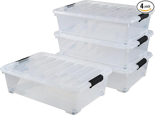 4-Pack 25 Quart Under Bed Plastic Storage Bins, Clear Under Bed Storage Box Container with Wheels