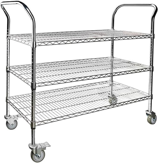Northsky 3-Shelf Wire Utility Cart on Wheels, Chrome Finish Rolling Metal Shelving with Wheels, 550lb Capacity, 47" x 18" x 44.1", 3 Tier Rolling Cart for Kitchen Bar Storage Use
