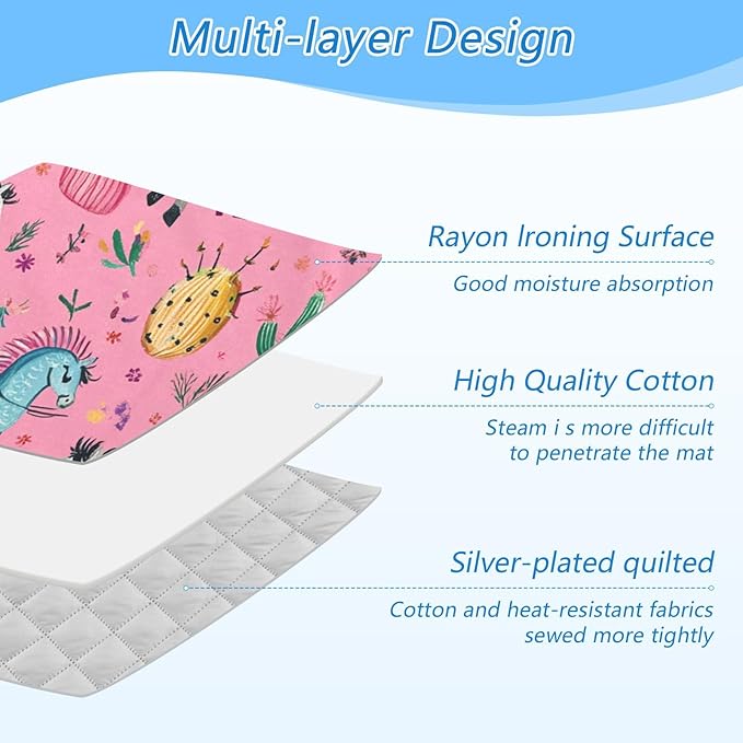 Ironing Mat Portable Ironing Pad Ironing Blanket for Table Top Heat Resistance Double-Side Using Travel Large 47.2 x 27.6 Inch Foldable Lightweight Pink Fiesta Horses Cacti Skulls