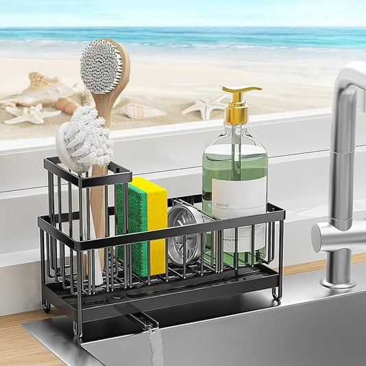 Sponge Holder for Kitchen Sink, Stainless Steel Sink Caddy with Auto Drain Tray, Kitchen Organizer with Towel Brush Holder for Countertop, Soap Dispenser Storage Accessories (Black Large)