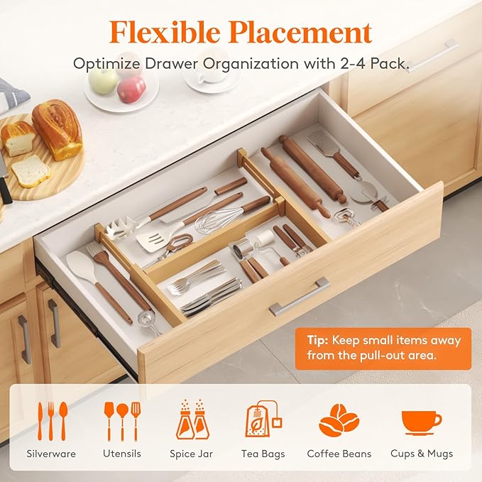 Lifewit 8 Pack Drawer Dividers Bamboo 2.4" High, 12-17" Adjustable Drawer Organizers for Clothes, Wooden Dresser Separators in Bedroom/Bathroom/Kitchen/Fridge/Office Organization and Storage
