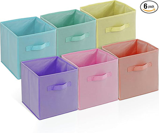 4E's Novelty 6 Pack 11 Inch Pastel Color Storage Foldable Cube Bins, Colorful Storage Baskets For Nursery, Kids Room, Fabric Baskets For Toys, Clothes, Classroom Organization and Storage