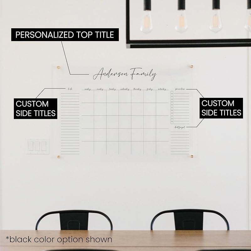Personalized Clear Acrylic Calendar for Wall, Calendar Whiteboard for Wall, Dry Erase Wall Calendar, Wall Calendar Organizer System for Home (Cursive, Navy, 31"W x 23"H)