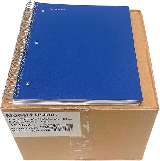 Mintra Office Durable Spiral Notebooks, 5 Subject (Blue, College Ruled 12pk)