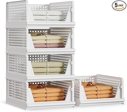 Proarea 5 Pack Stackable Plastic Storage Basket Closet Organizer Bin Foldable Clothes Organizer Storage Drawer Shelf Container for Living Room Bathroom Kitchen Office (5L)