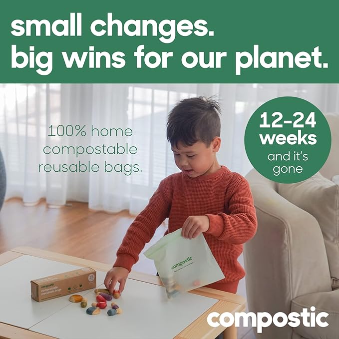 Compostic Home Compostable Resealable Gallon Bags (10.5"x10.5"), Microwave & Freezer Safe, Organic Food Storage Container, 100 Count (Pack of 1)