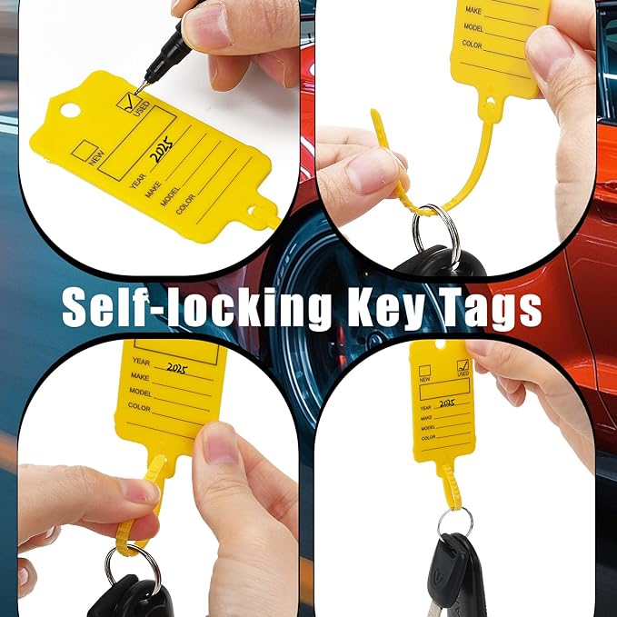 50 Car Key Tags with Labels Plastic Car Dealership Key Tags Self Locking Automotive Identifiers Blank Shop Labels with One Pen (Yellow)