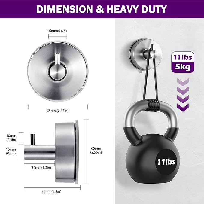 JOMOLA Brushed Stainless Steel Shower & Bathroom Hooks - No Drill Adhesive-Free Suction Cup Hardware, Rustproof Waterproof Metal Wall Mount for Towel Robe, Damage-Free (2-Pack)