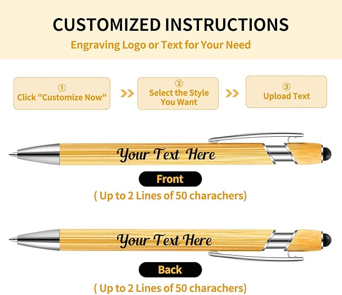 Bamboo Personalized Pen with Stylus, Custom Ballpoint Pens with Name Text Logo, Black Ink, Customizable Gift Ideas for School Back Day Office Business Home (100 Count/Pack)