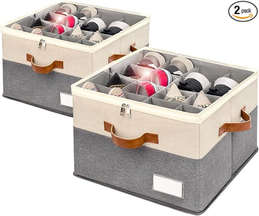 Shoe Organizer for Closet, Foldable Shoe Storage Bins with Clear Cover, Space Saving Shoes Holder with 4 Handles, Large Adjustable Shoe Box Storage Containers, Fits 8-16 Pairs, 2 Pack, Beige