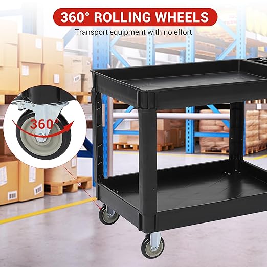 Utility Service Cart 2-Shelf 500 Lbs Capacity, Heavy Duty Rolling Cart with Two Trays and Brake Wheel for Warehouse, Garage, Cleaning, Manufacturing, Storage Handle, 45"X25" Black