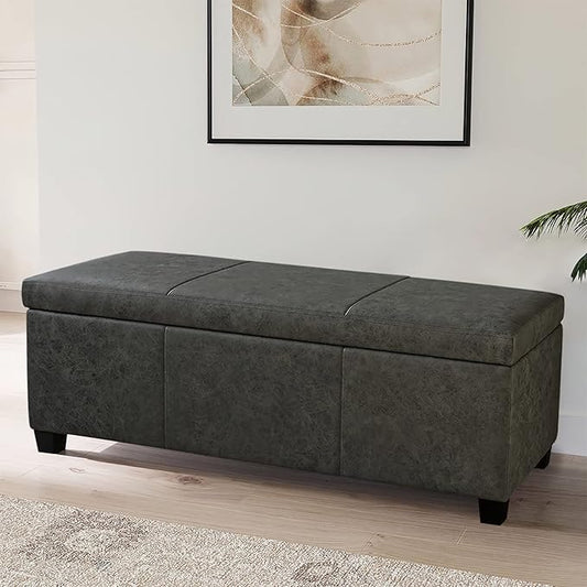 BELLEZE Storage Faux Leather Ottoman, 47 Inch Bench Bedroom Bench with Safety Close Hinge, Extra Long Ottoman with Storage for Living Room, Entryway, Hallway, Foot Rest, Support 300lbs - Rustic Gray