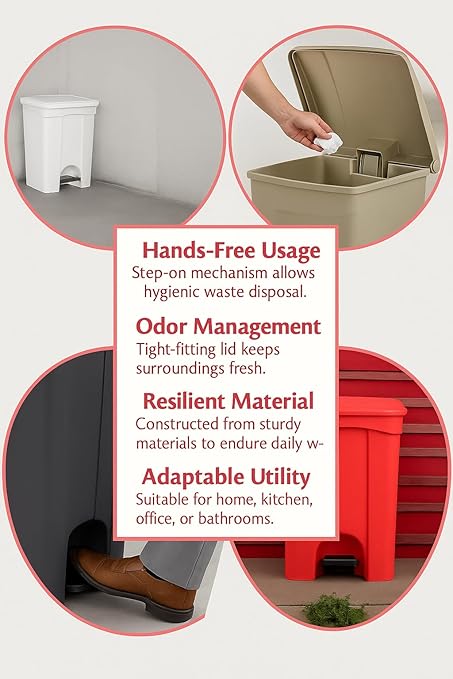 PRO&Family Step-On Trash Can with Lid, Plastic Waste Bin, Foot Pedal Operation (Red, 8 Gallon)